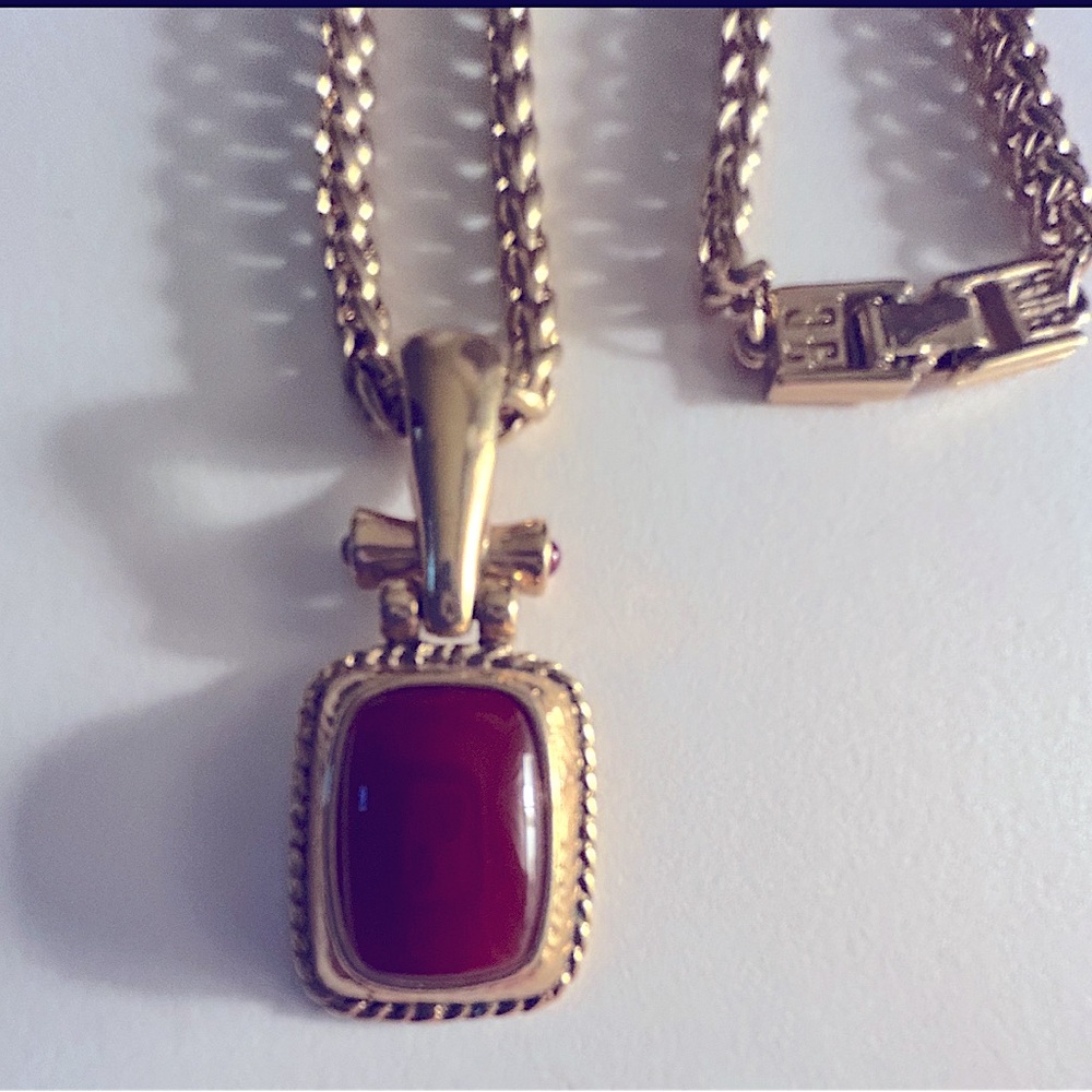 Vintage Premier Designs necklace Red Carnelian faux goldtone chain Red cabochons